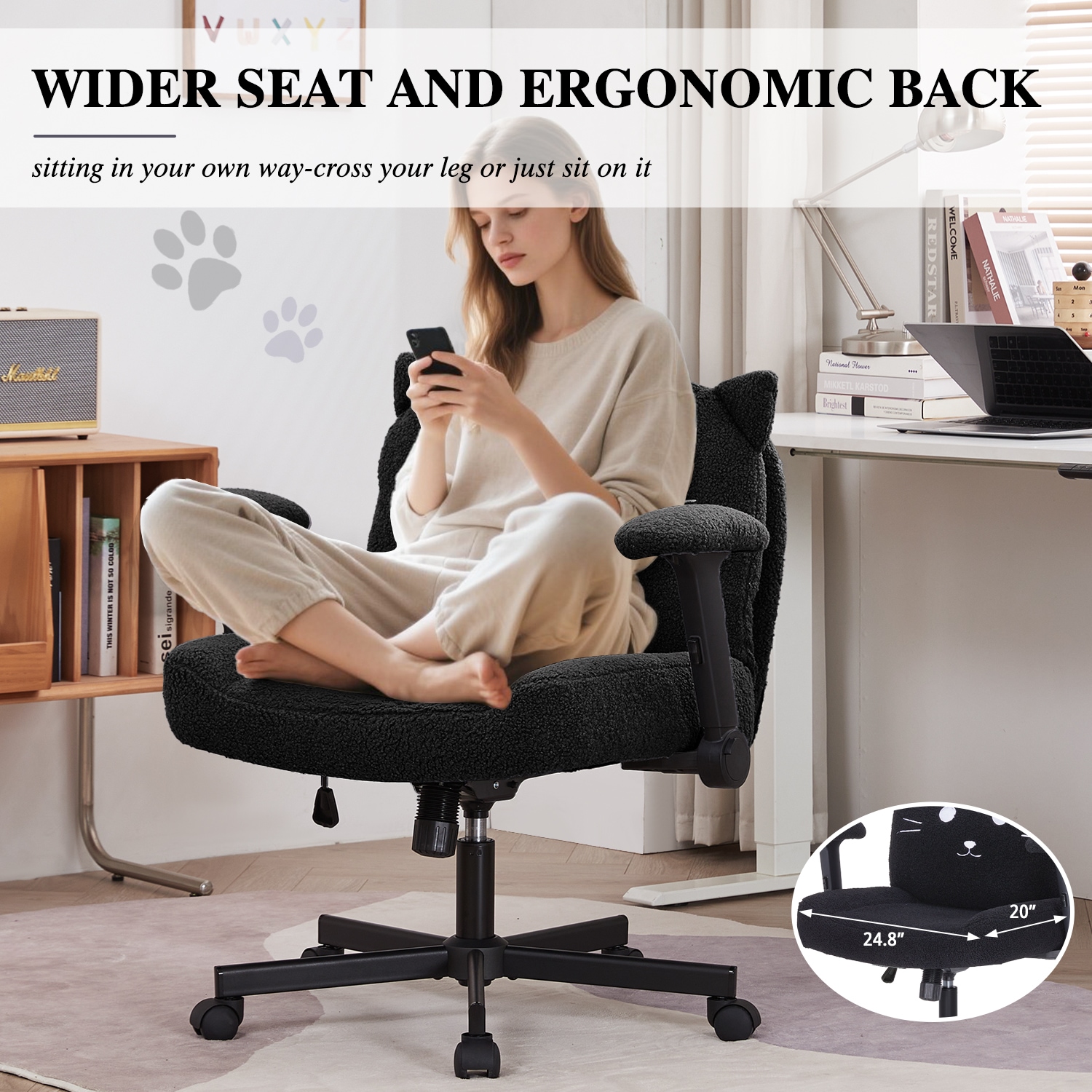 Cross Legged Office Chair With Wheels, Adjustable Wide Desk Seat_voghion.com